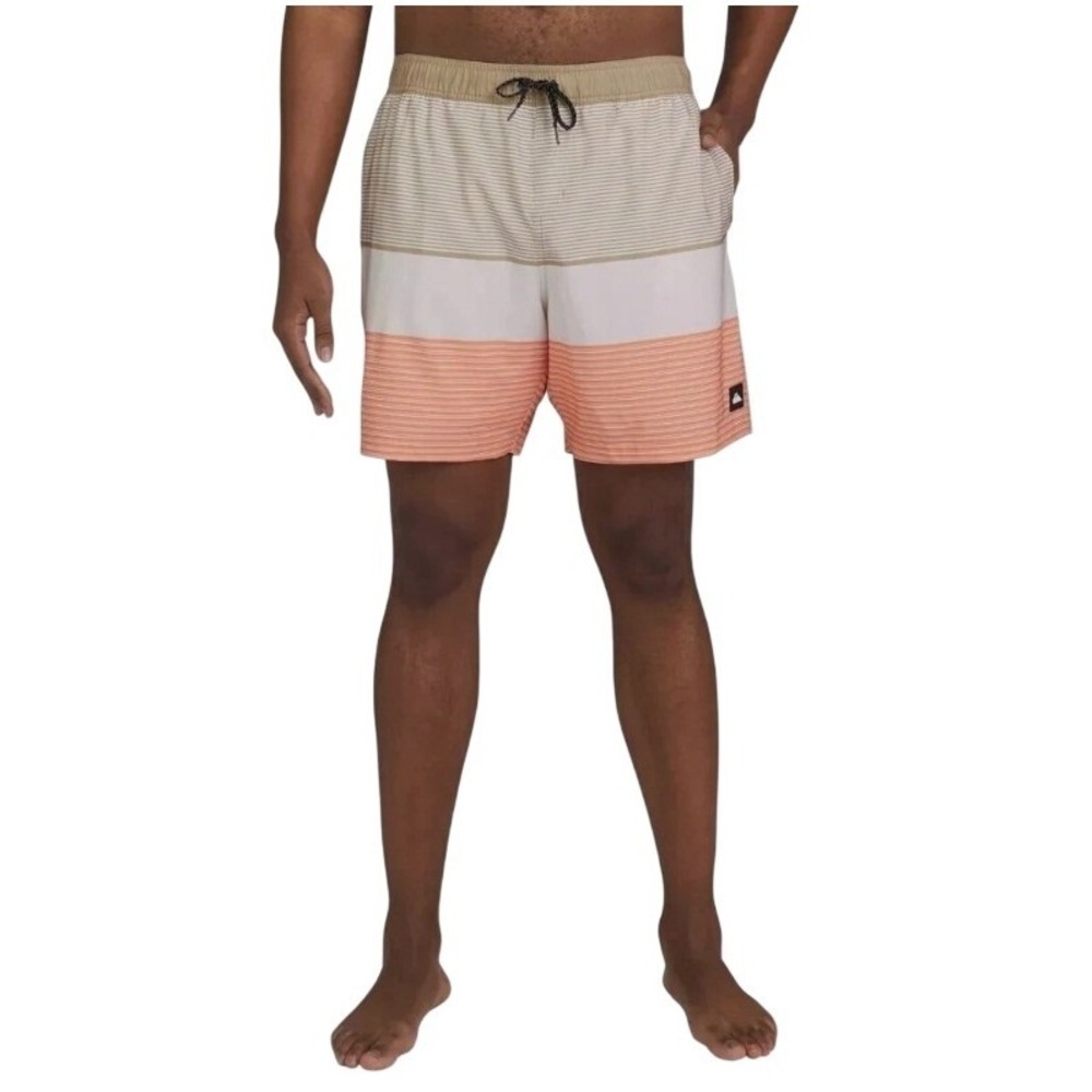Quiksilver Swim Trunks Mens Large Tan Orange New Striped 7 Inseam Board Shorts